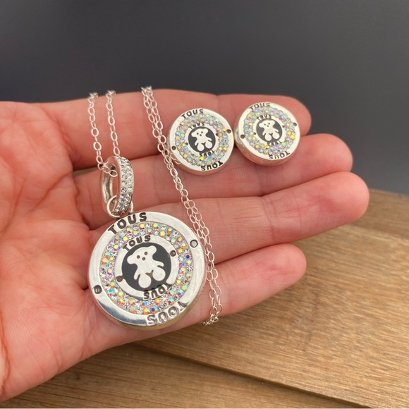 Necklace Earrings Set Bear Imitation 925 Sterling Silver Crystal Oso Plata 925 - Picture 1 of 7